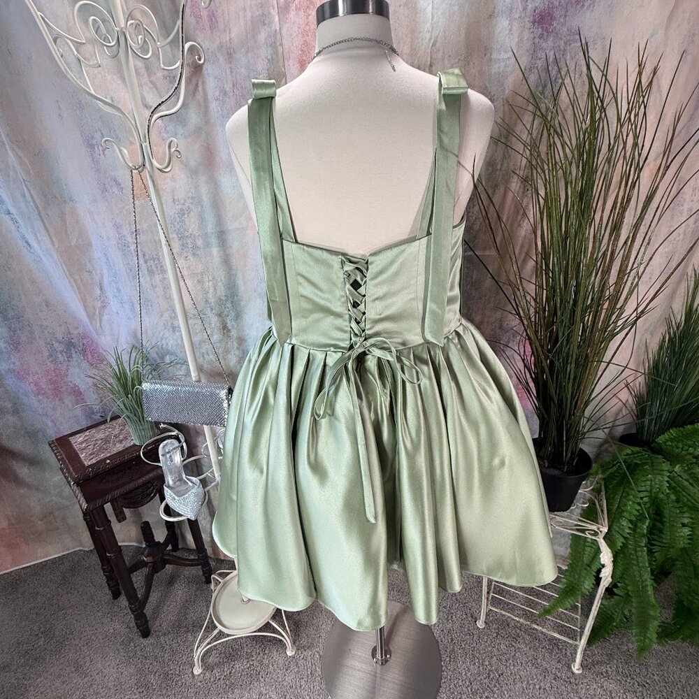 ๐Sage Green Lace Up Cocktail - Bridesmaid - Homecoming Dress w/ Wide Straps - Picture 3 of 16